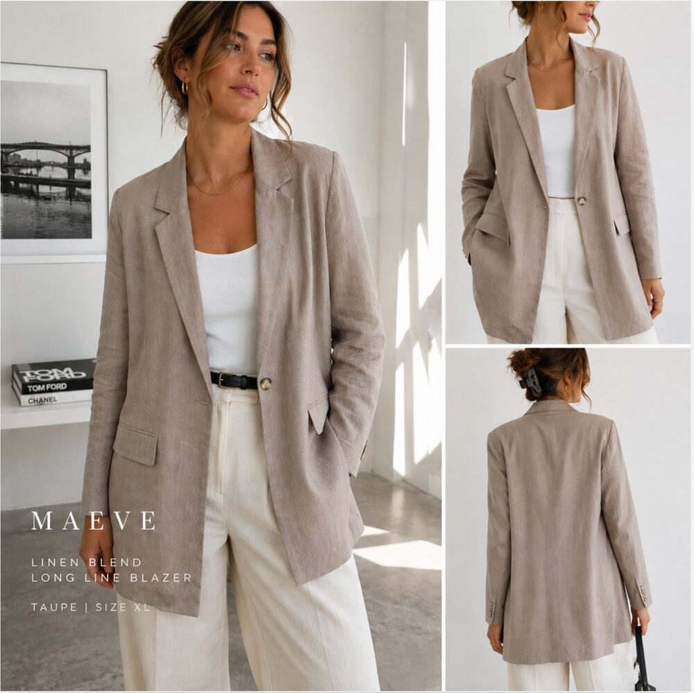 Maeve Taupe Linen-Blend Long Line Blazer